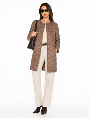 Uniqlo Ultra Light Down Long Quilted Jacket Coat Brown Taupe Snap Front Lightwei